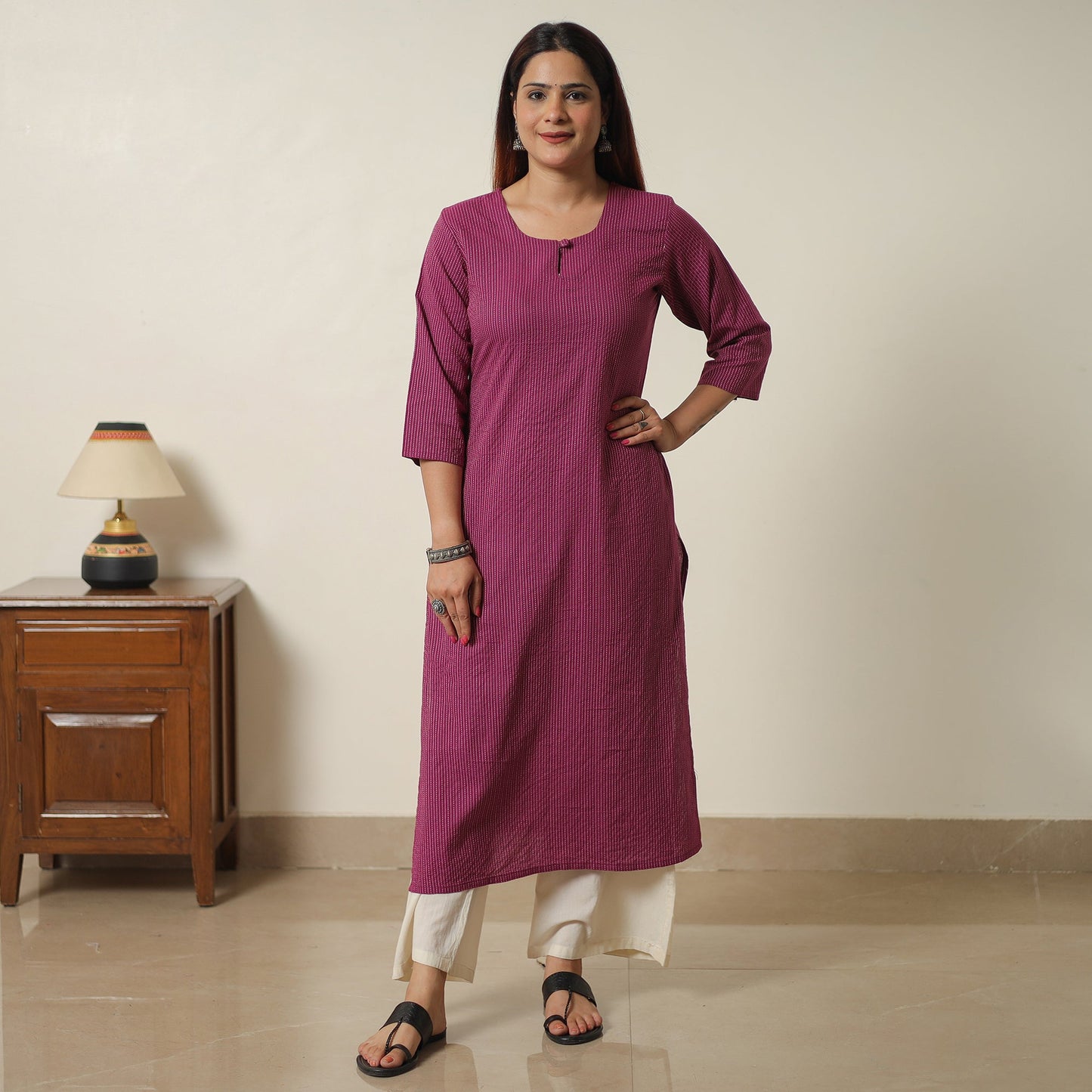 Buy Purple - Running Stitch Cotton Long Straight Kurta 18 Online at iTokri.com