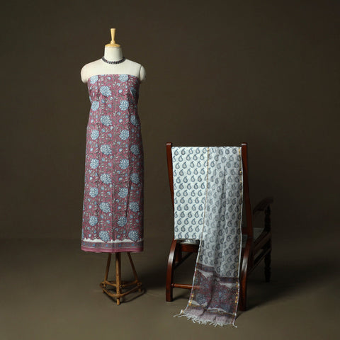 Sanganeri block print cotton 3pc unstitched dress material