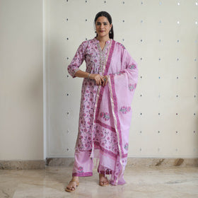 Purple - sanganeri cotton kurta suit set 13 - handcrafted