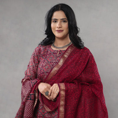 Buy Sanganeri Block Printing Maheshwari Silk Kurta with Palazzo & Dupatta Set Online l iTokri.com