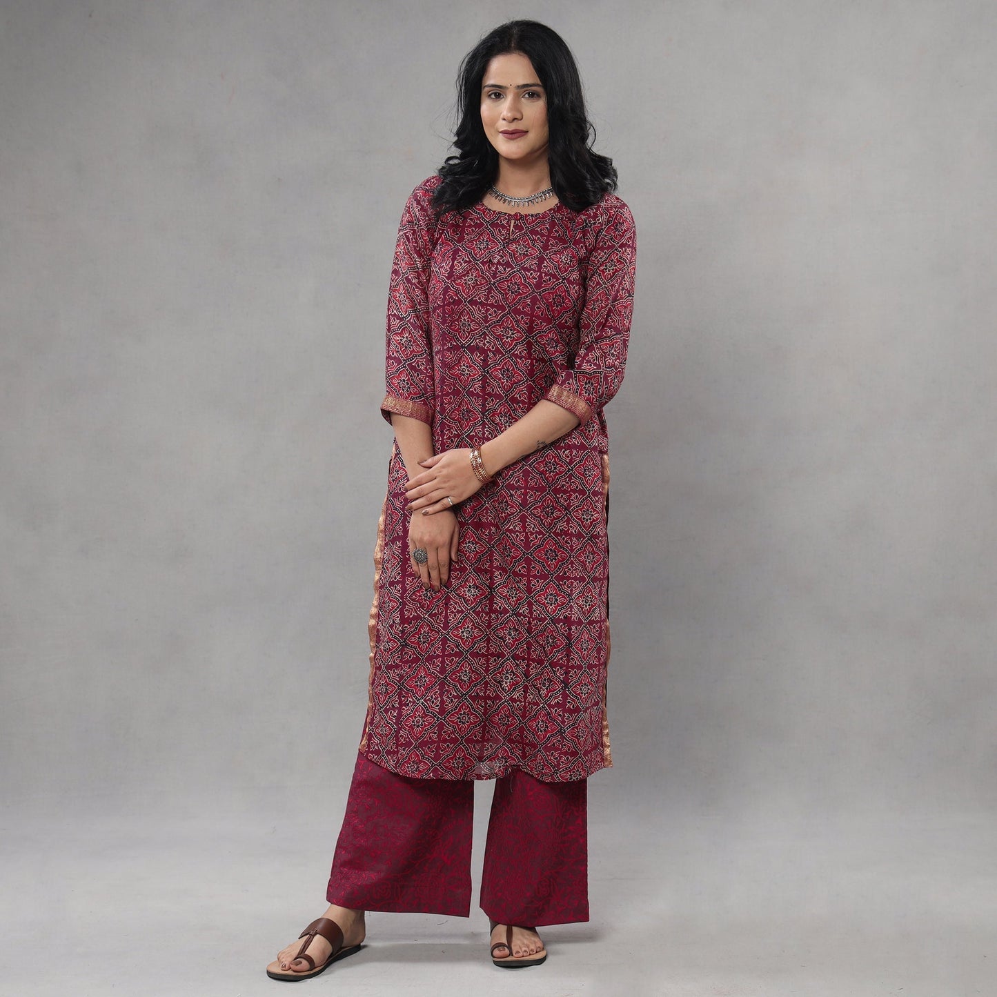 Buy Sanganeri Block Printing Maheshwari Silk Kurta with Palazzo & Dupatta Set Online l iTokri.com