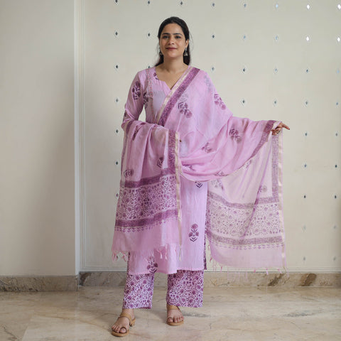 Purple - Sanganeri Block Print Cotton Kurta Suit Set 16