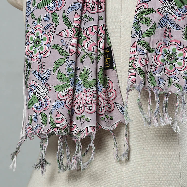 Buy Purple Sanganeri Block Print Cotton Stole with Tassels Online