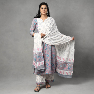 Buy Sanganeri Block Printing Cotton Kurta with Palazzo & Dupatta Set Online at iTokri.com