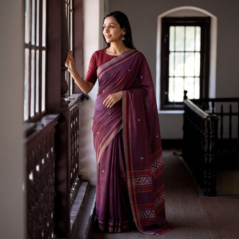 Purple Saree with White Chevron Buti on Pallu, draped and worn by a woman, AI visual of the saree, iTokri