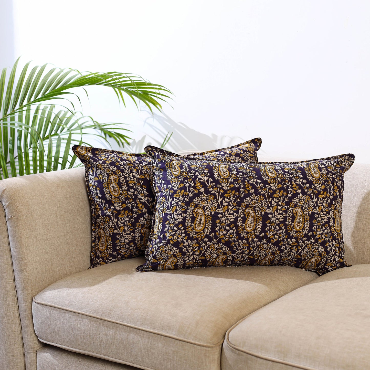  Set of 2 Purple Kalamkari Print Cotton Pillow Covers