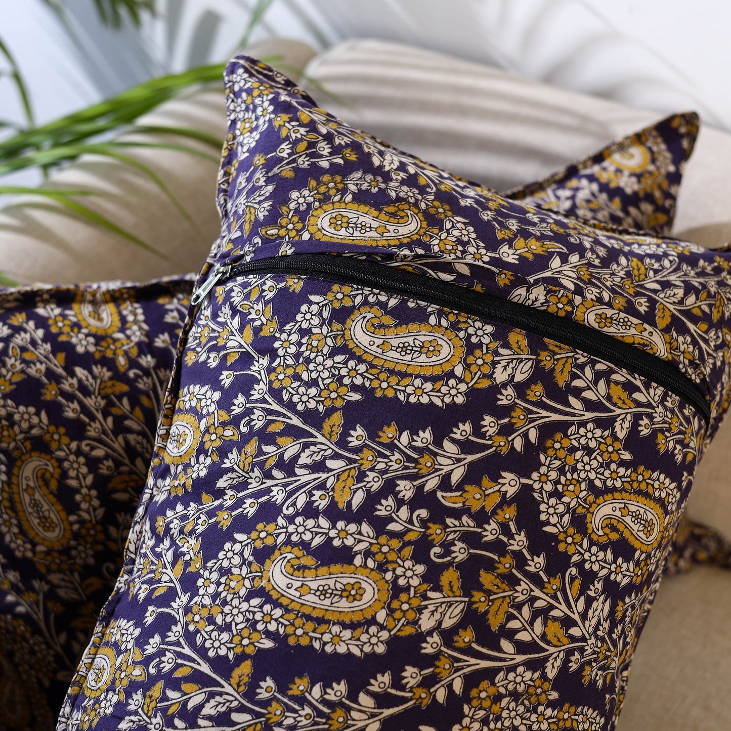  Set of 2 Purple Kalamkari Print Cotton Pillow Covers