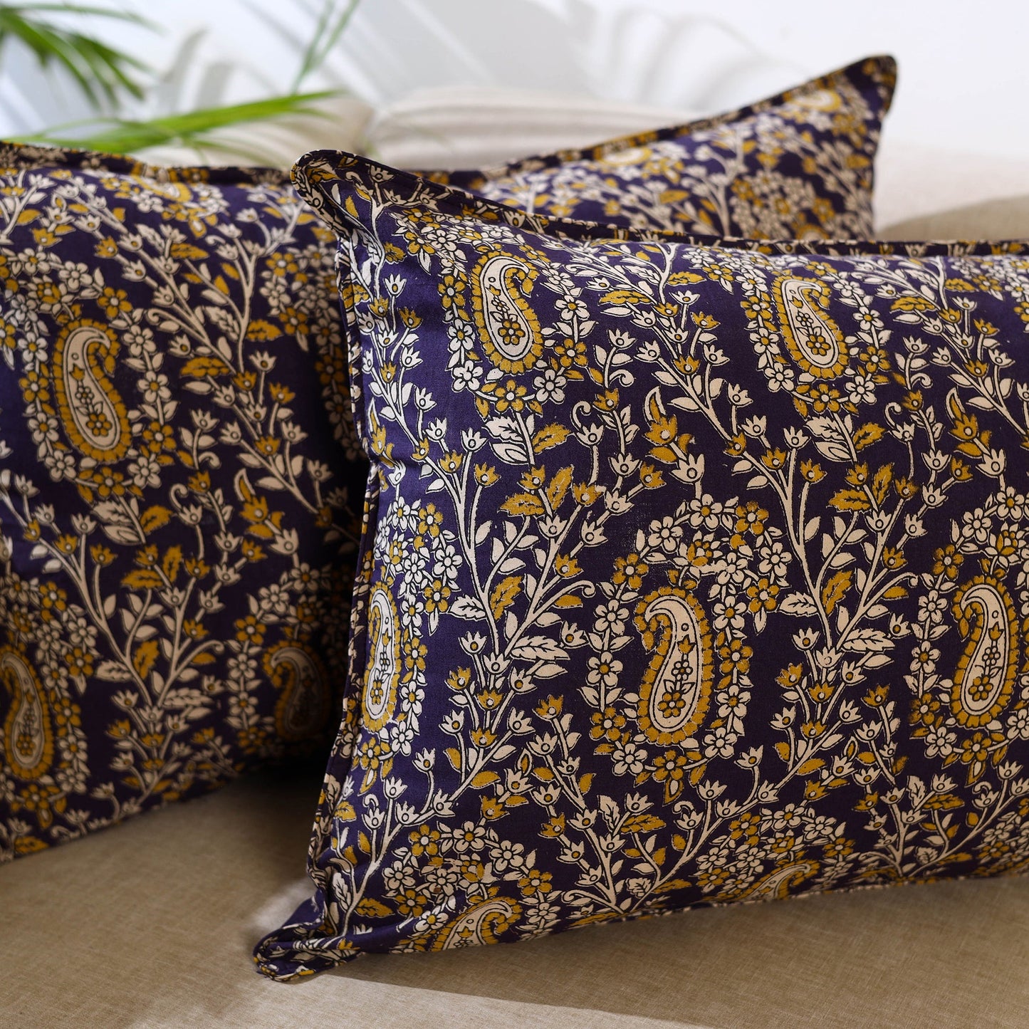  Set of 2 Purple Kalamkari Print Cotton Pillow Covers