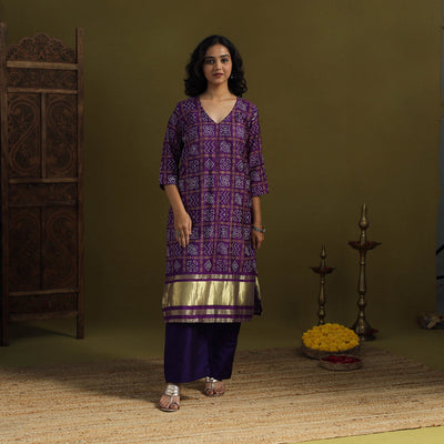 Purple - silk bandhani kurta set with lagdi patta (set