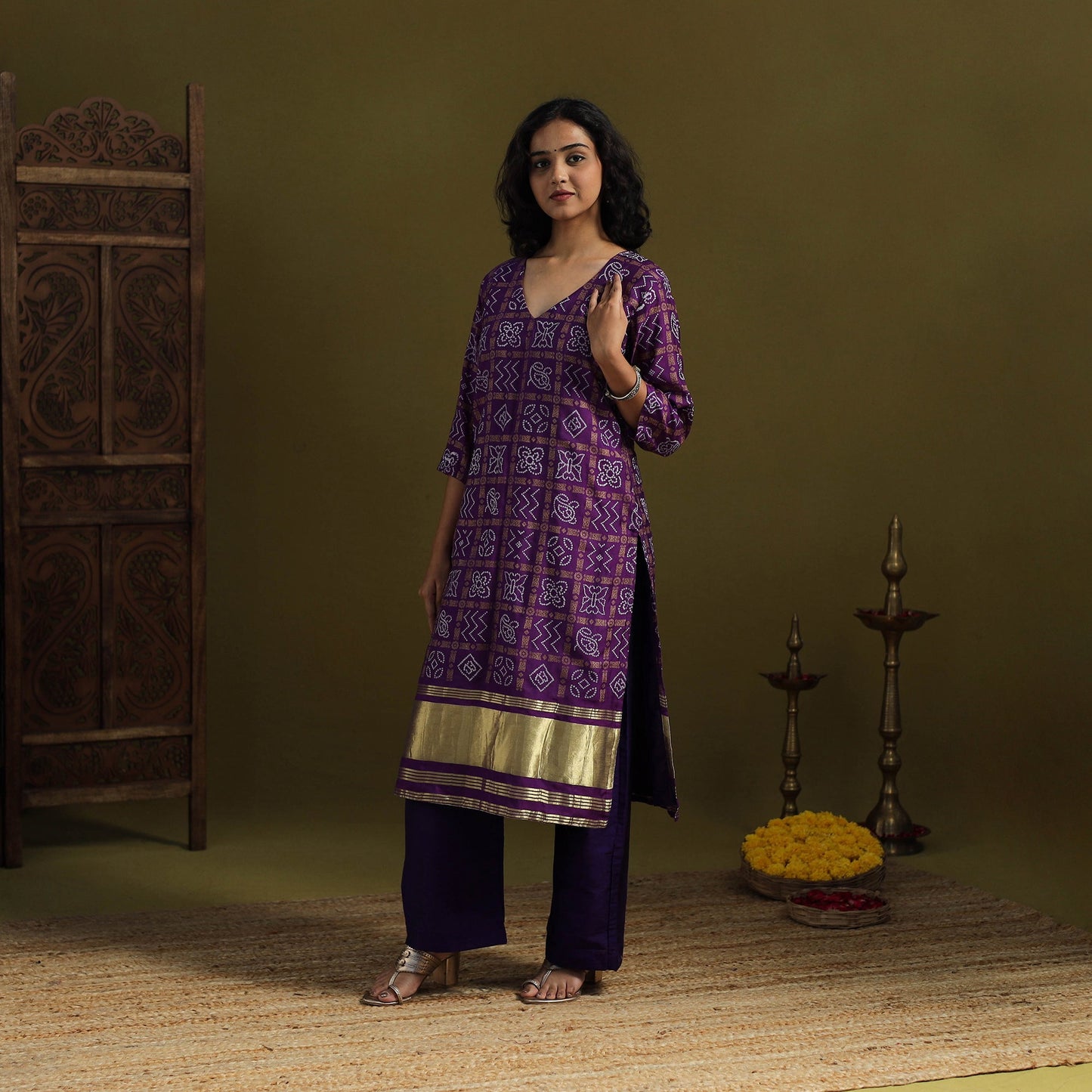 Purple - silk bandhani kurta set with lagdi patta (set