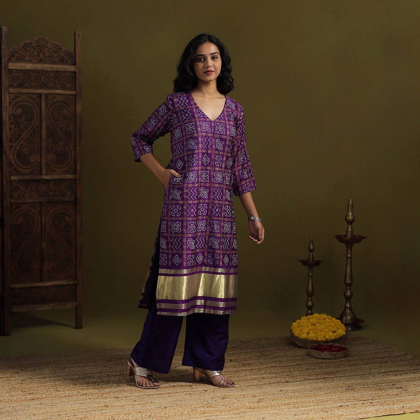 Purple - silk bandhani kurta set with lagdi patta (set