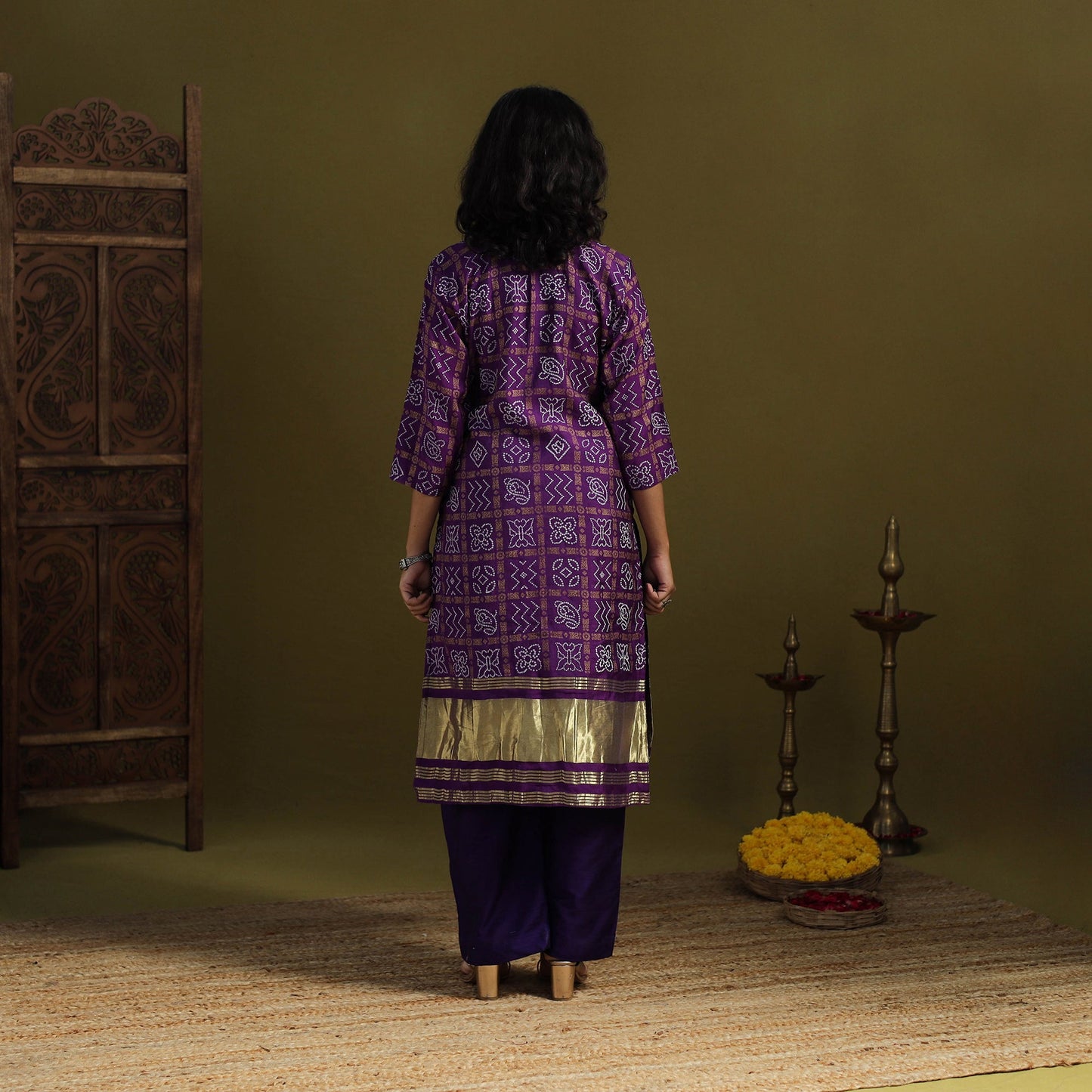 Purple - silk bandhani kurta set with lagdi patta (set