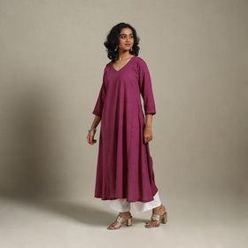 Yellow Slub Cotton A-Line Plain Kurta with Hand Embroidery