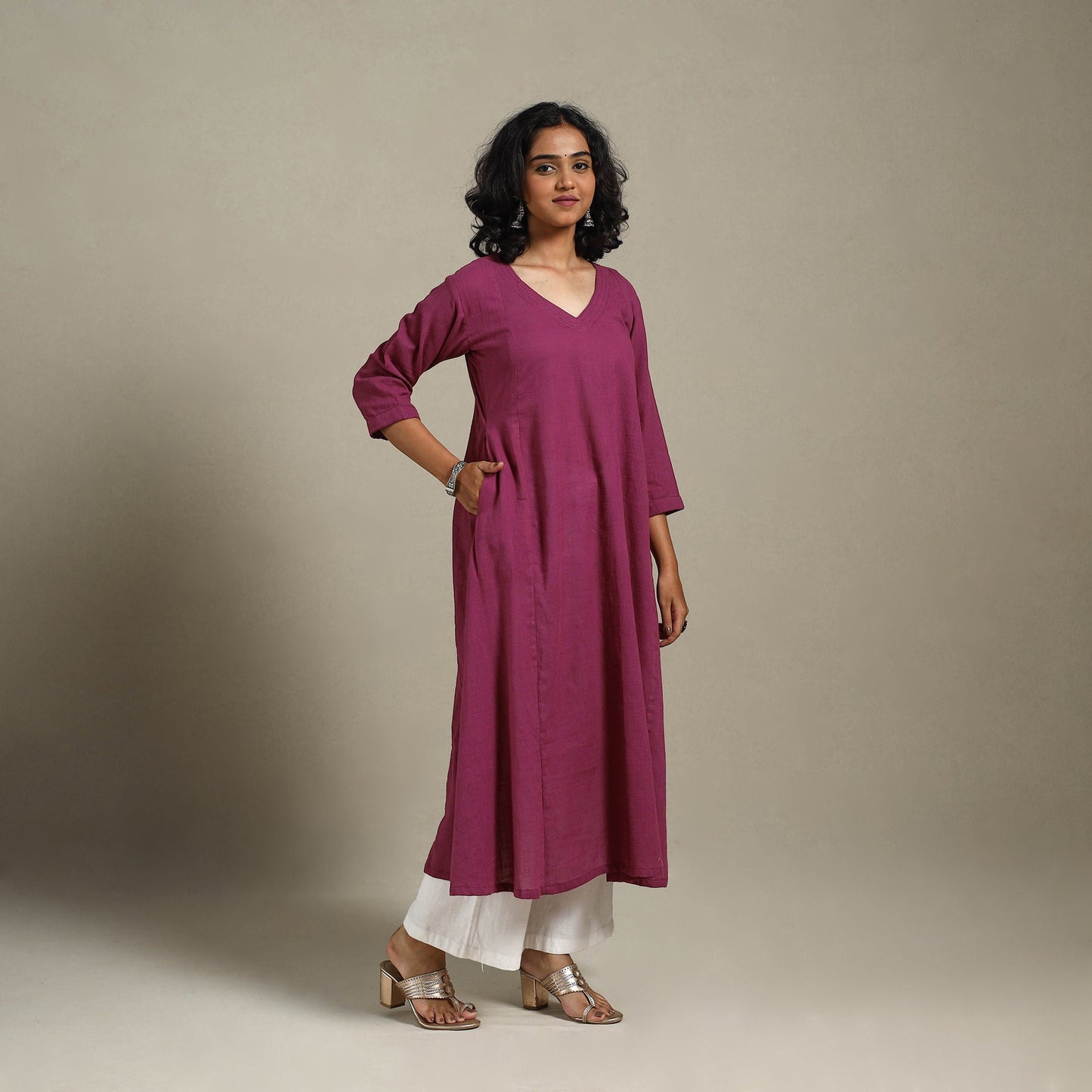 Yellow Slub Cotton A-Line Plain Kurta with Hand Embroidery