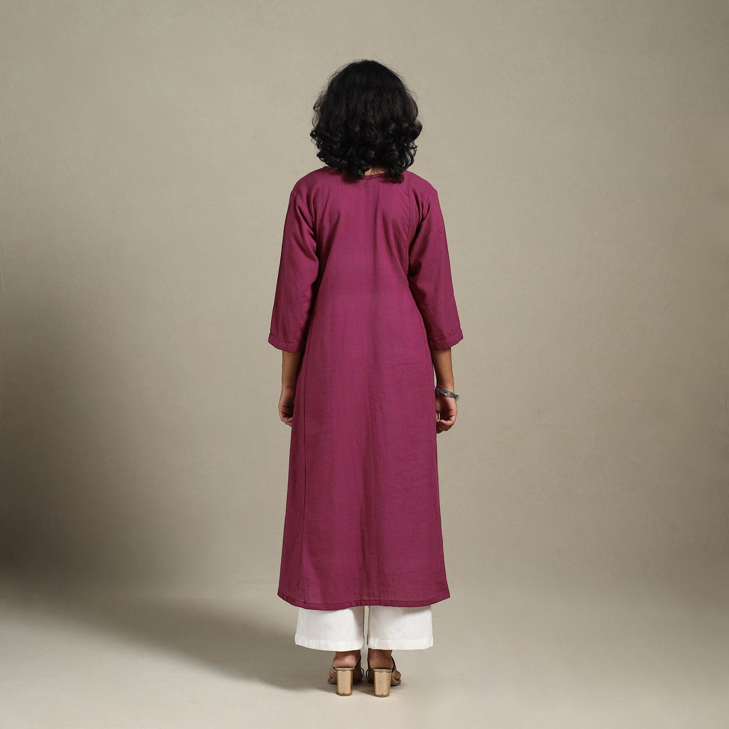 Yellow Slub Cotton A-Line Plain Kurta with Hand Embroidery