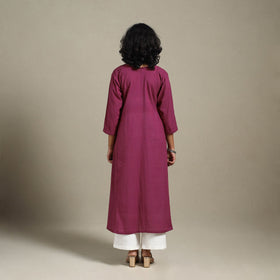 Yellow Slub Cotton A-Line Plain Kurta with Hand Embroidery