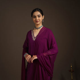Purple - slub silk embroidered plain kurta set (set of 3)