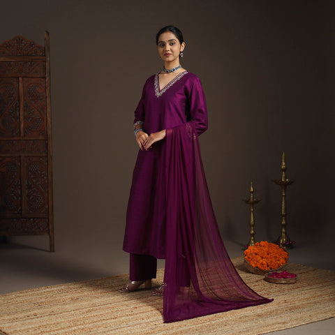 Purple - slub silk embroidered plain kurta set (set of 3)