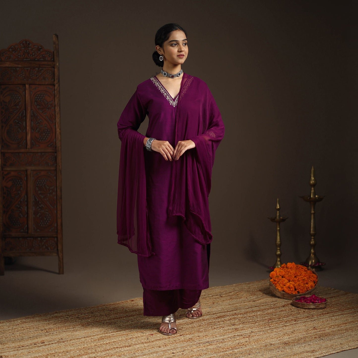 Purple - slub silk embroidered plain kurta set (set of 3)