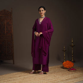 Purple - slub silk embroidered plain kurta set (set of 3)