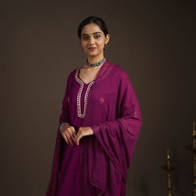 Purple - slub silk gota work plain kurta set (set of 3) 06