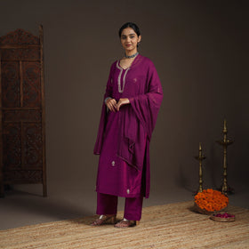 Purple - slub silk gota work plain kurta set (set of 3) 06