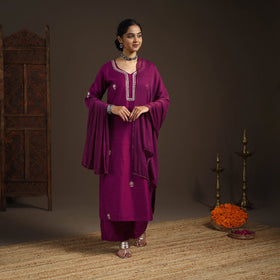 Purple - slub silk gota work plain kurta set (set of 3) 06