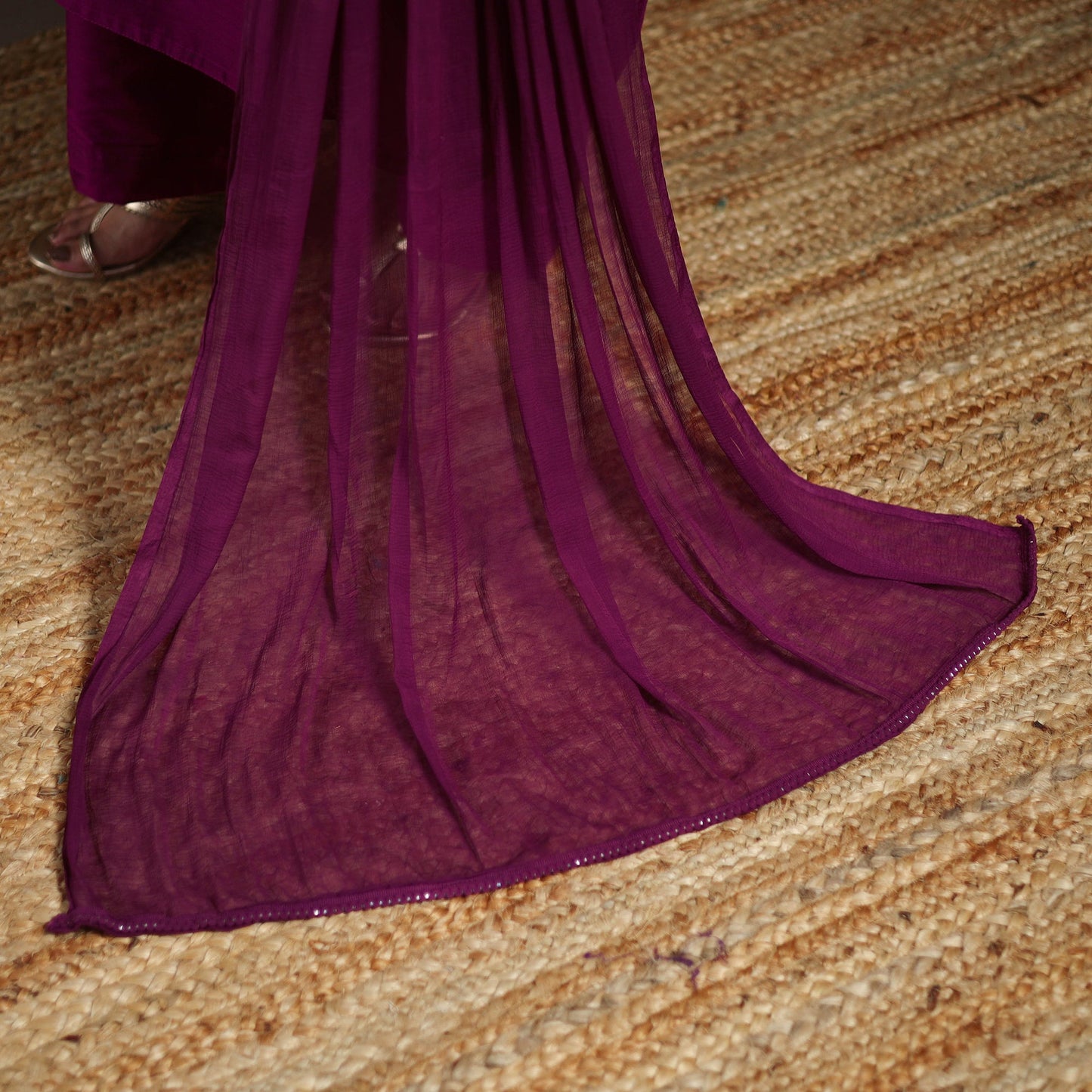 Purple - slub silk gota work plain kurta set (set of 3) 06