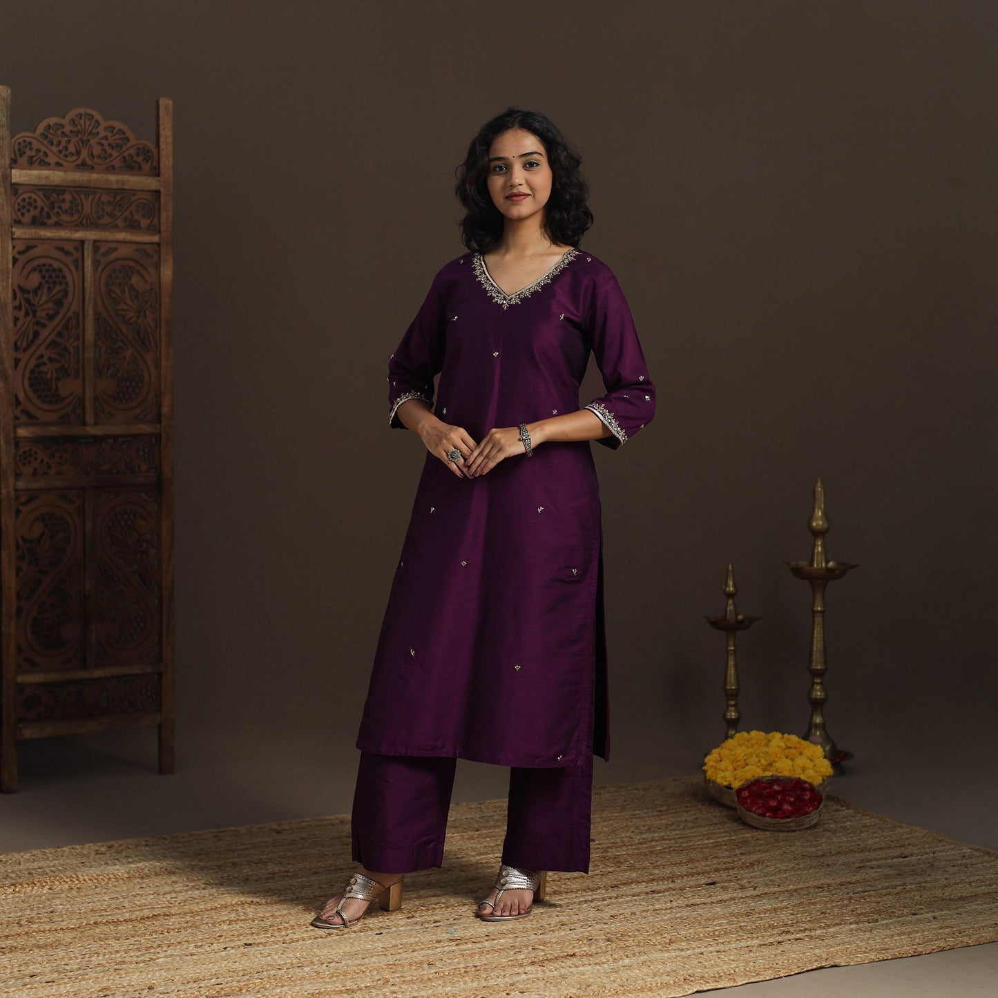 Purple - slub silk hand embroidered straight plain kurta 04