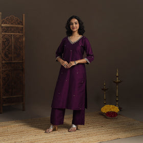 Purple - slub silk hand embroidered straight plain kurta 04