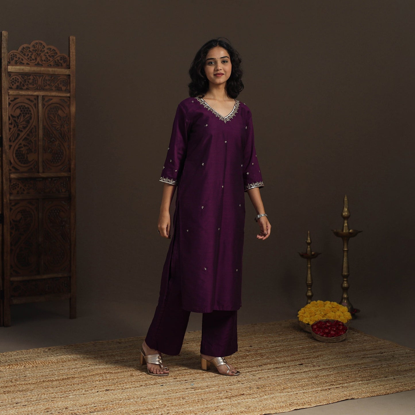 Purple - slub silk hand embroidered straight plain kurta 04