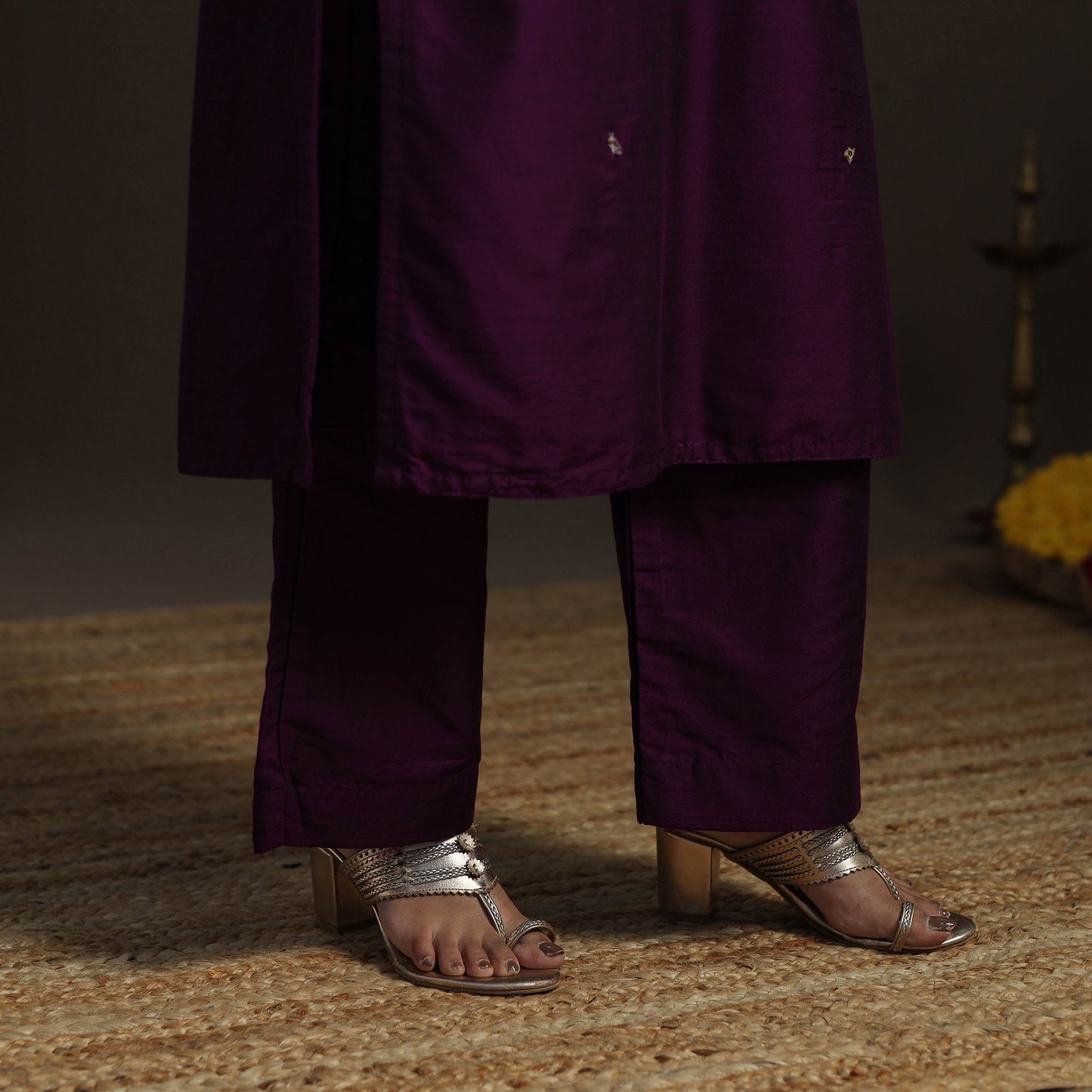 Purple - slub silk hand embroidered straight plain kurta 04