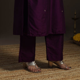 Purple - slub silk hand embroidered straight plain kurta 04
