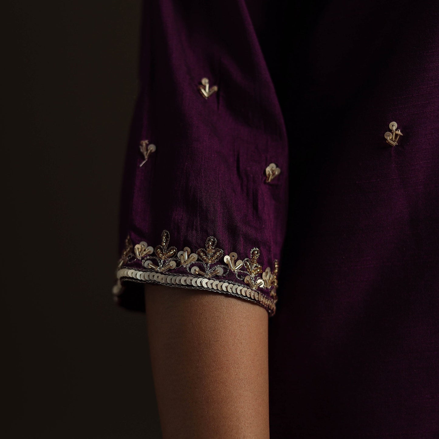 Purple - slub silk hand embroidered straight plain kurta 04