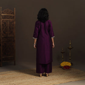 Purple - slub silk hand embroidered straight plain kurta 04