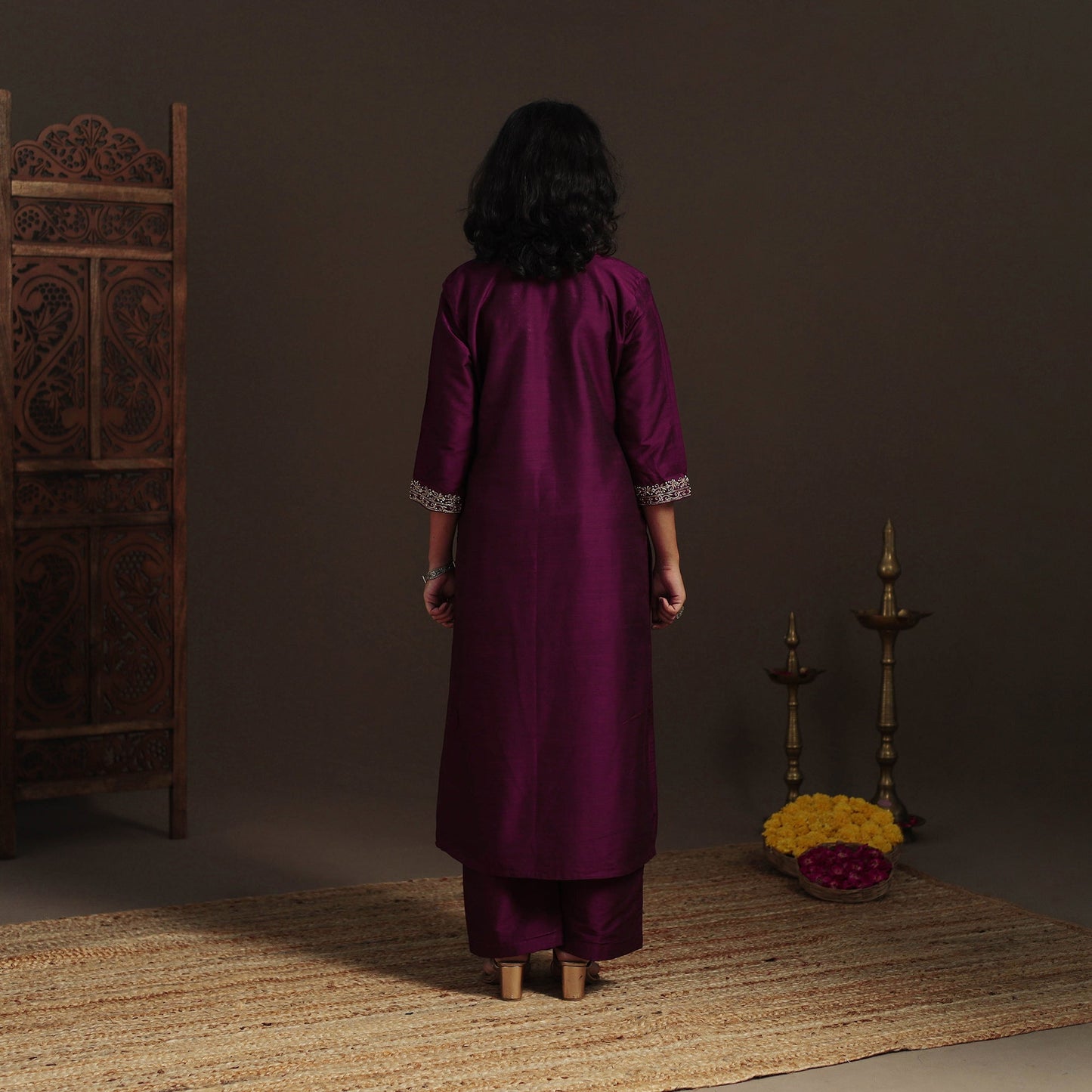 Purple - slub silk hand embroidered straight plain kurta 14