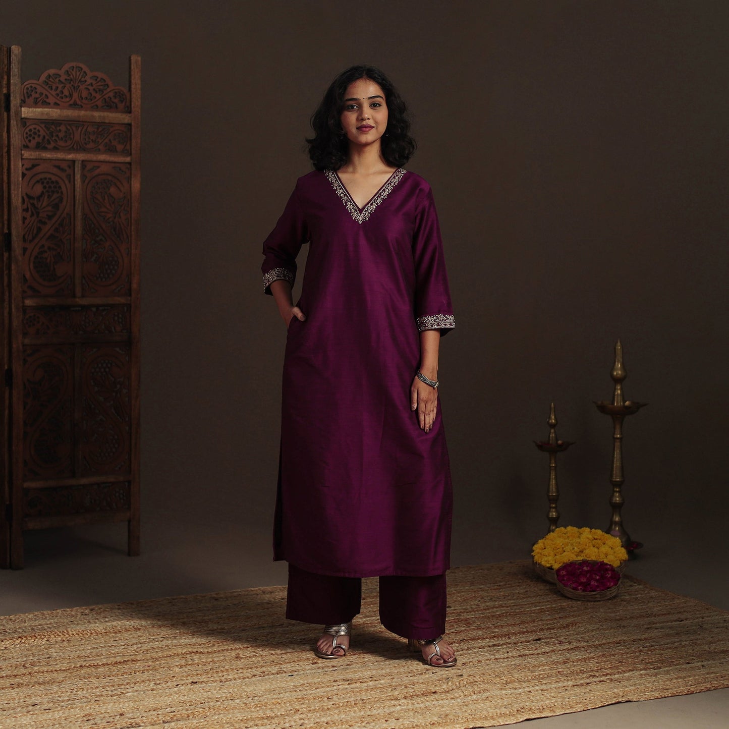 Purple - slub silk hand embroidered straight plain kurta 14