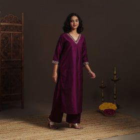 Purple - slub silk hand embroidered straight plain kurta 14