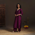 Purple - slub silk hand embroidered straight plain kurta 14