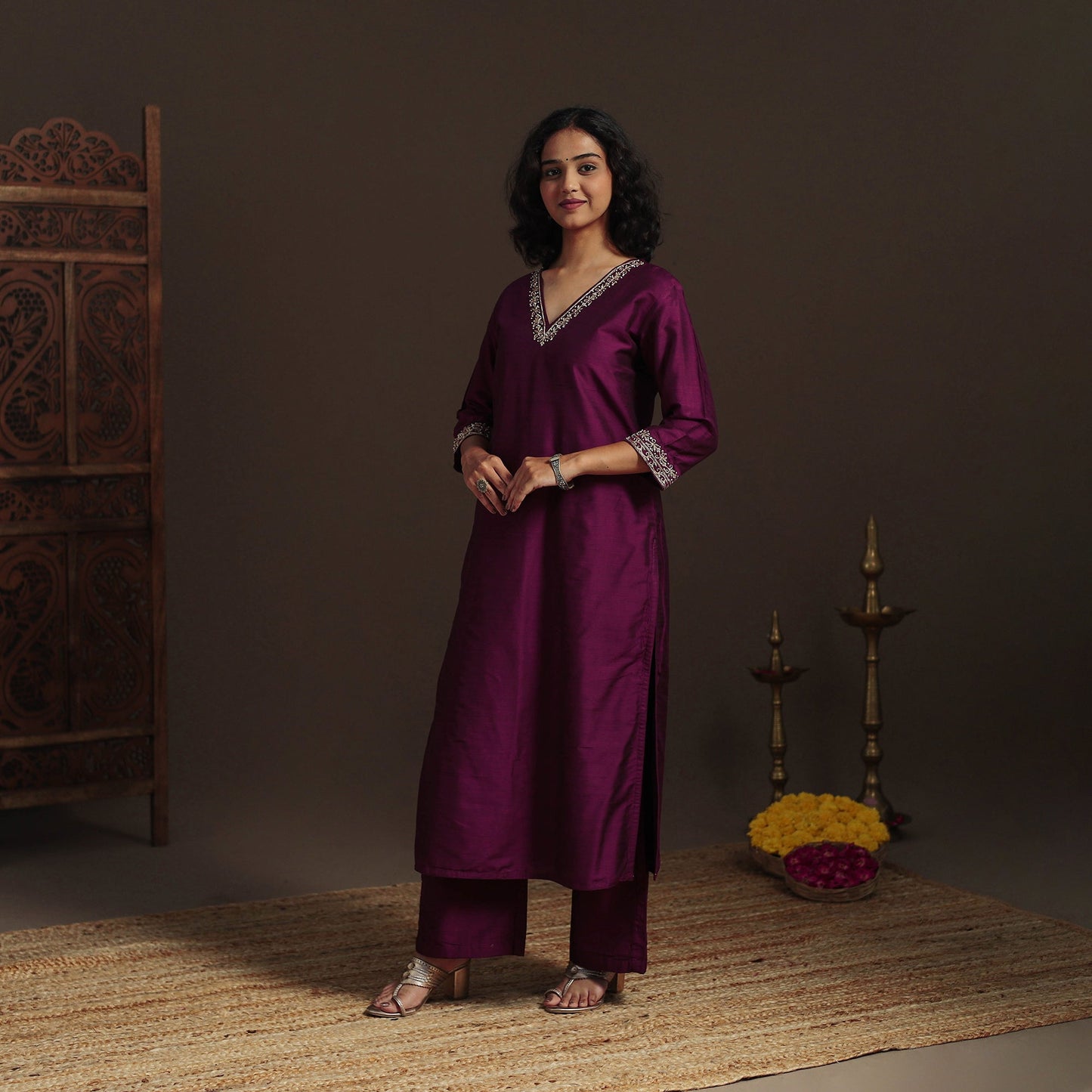 Purple - slub silk hand embroidered straight plain kurta 14