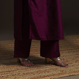 Purple - slub silk hand embroidered straight plain kurta 14