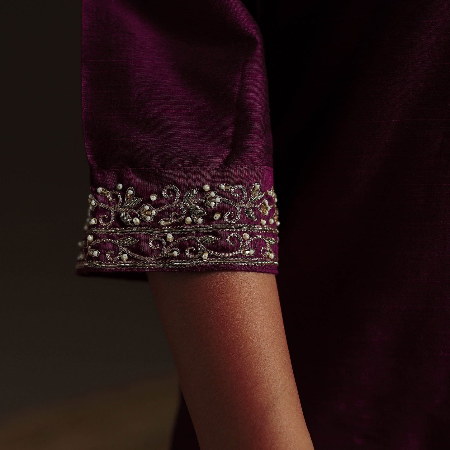 Purple - slub silk hand embroidered straight plain kurta 14