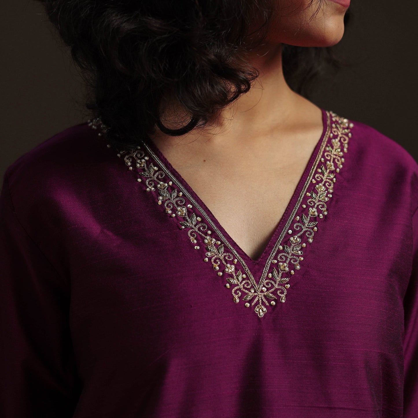 Purple - slub silk hand embroidered straight plain kurta 14