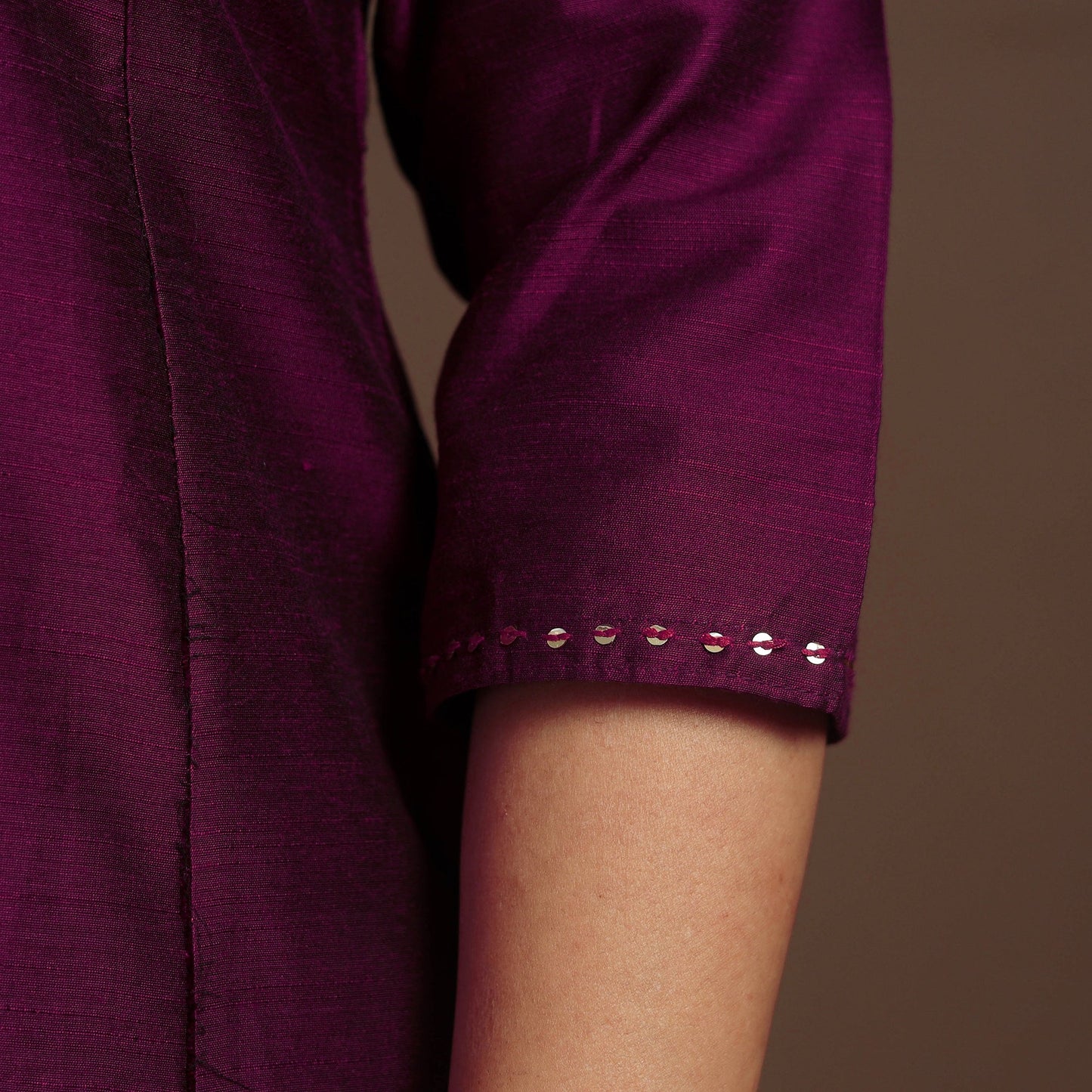Purple Slub Silk A-Line Plain Kurta with Hand Embroidery