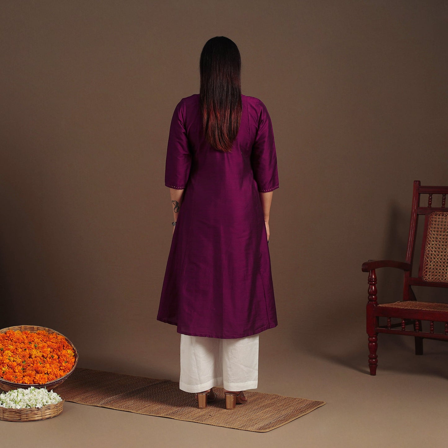 Purple Slub Silk A-Line Plain Kurta with Hand Embroidery