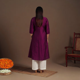Purple Slub Silk A-Line Plain Kurta with Hand Embroidery