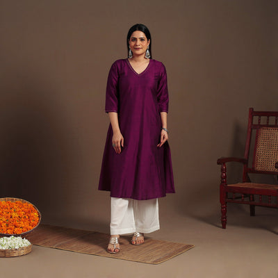Purple Slub Silk A-Line Plain Kurta with Hand Embroidery