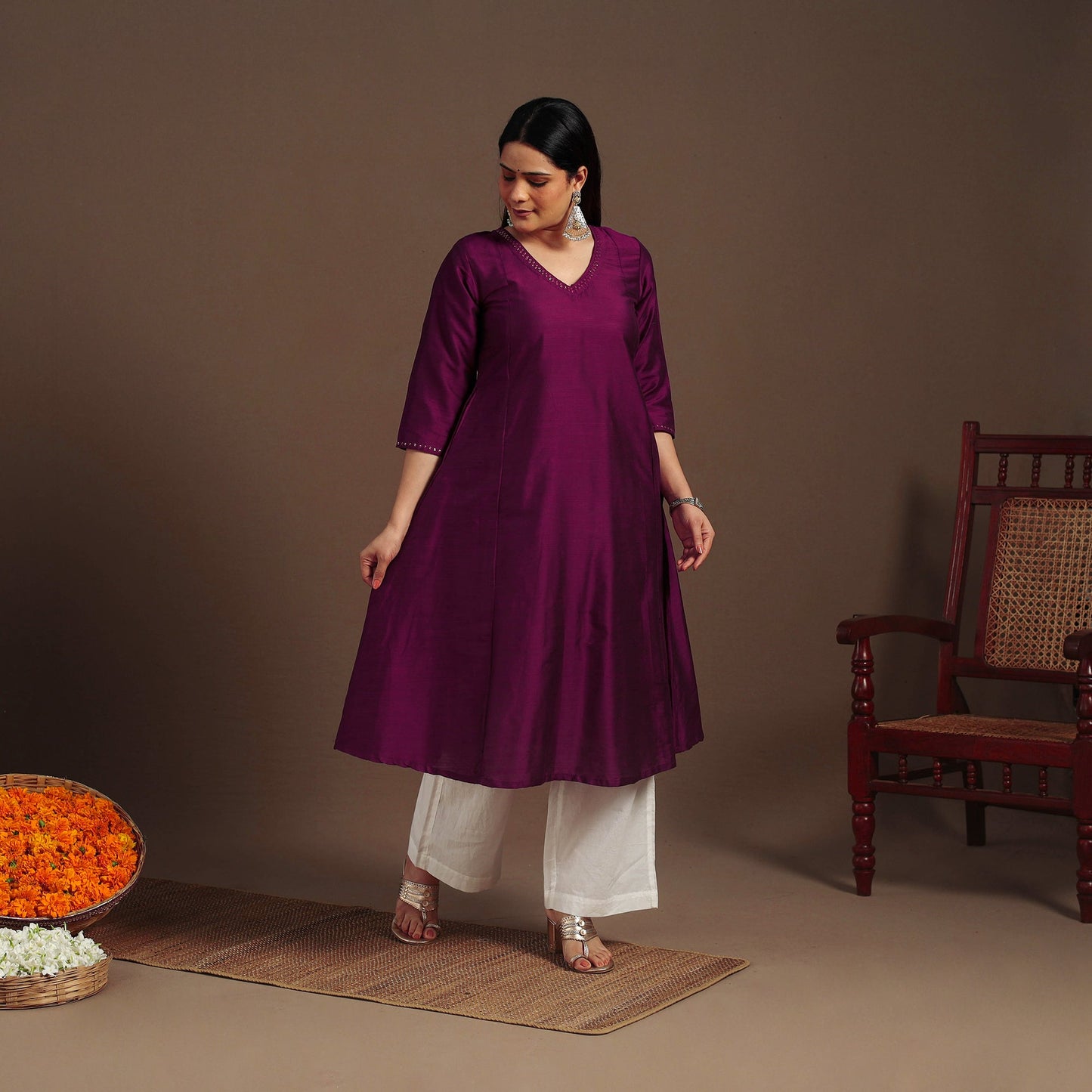Purple Slub Silk A-Line Plain Kurta with Hand Embroidery