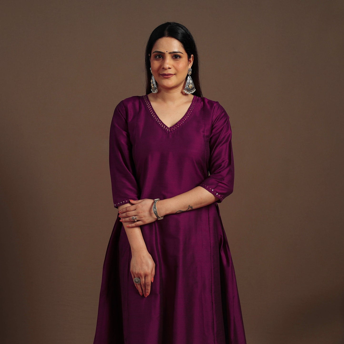 Purple Slub Silk A-Line Plain Kurta with Hand Embroidery