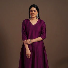 Purple Slub Silk A-Line Plain Kurta with Hand Embroidery